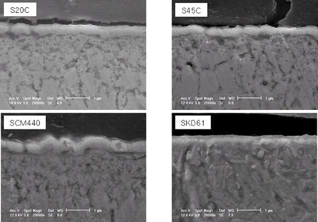 초기표면연마 #1,000 강종별 500℃, 30분 암모니아 환원 층의 단면