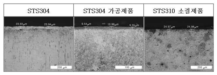 STS304 제품의 저온 저압질화 제품의 단면 조직