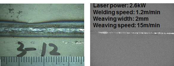 weaving welding 후 linear welding적용 육안관찰사진(좌) 및 X-ray 투영결과(우)