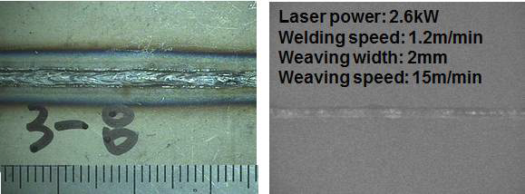 linear welding 후 weaving welding 적용 육안관찰사진(좌) 및 X-ray 투영결과(우)