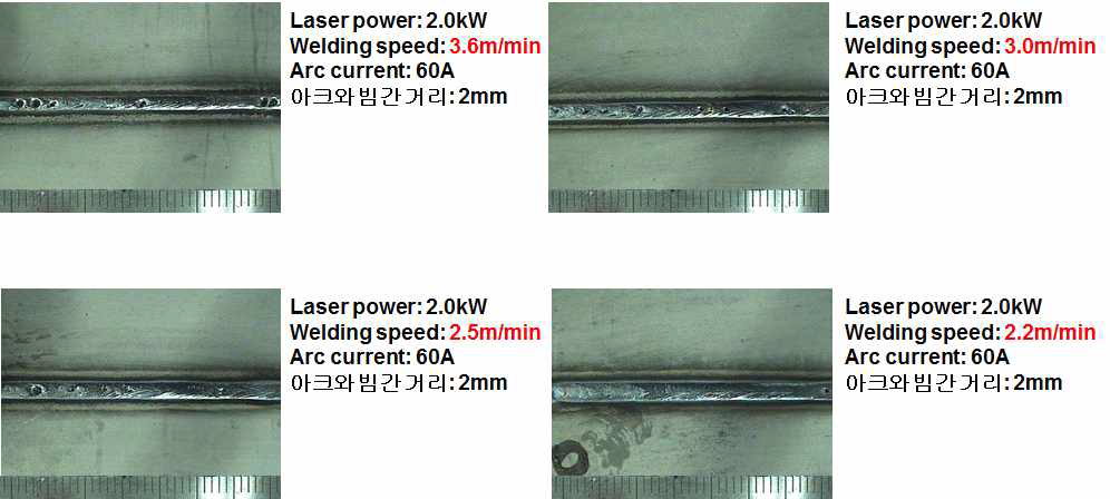 laser-plasma arc hybrid welding실험의 welding speed별 실험 후 육안분석