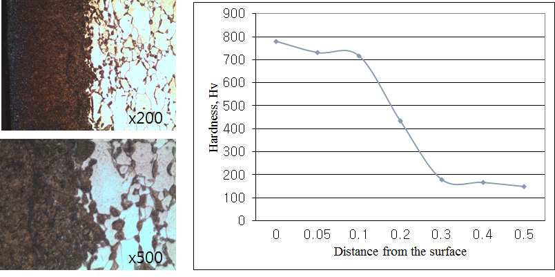 질소 확산 저온 소입 공정도 적용에 따른 미세조직 사진 및 깊이에 따른 경도 프로파일