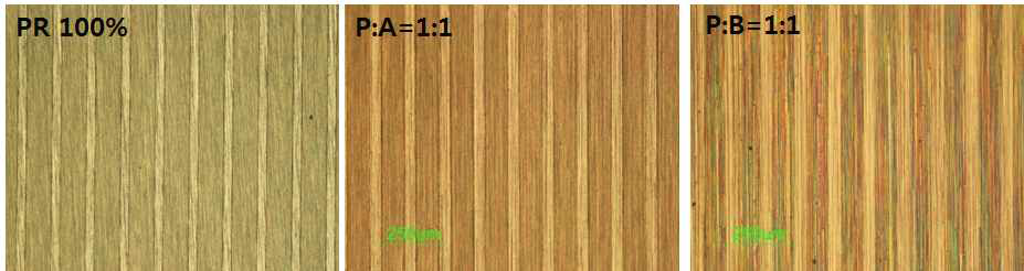 A, B 용액별 혼합 비율에 따른 노광시의 pattern 변화