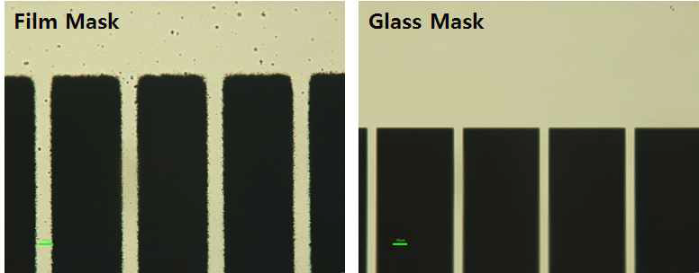 동일한 pattern에서의 film mask와 glass mask 비교