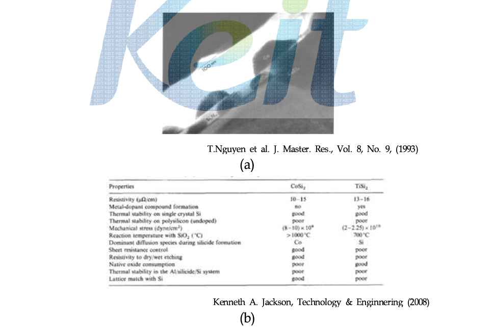 (a) Co와 Si3N4의 화학반응 (b) CoSi2의 계면접착에너지 영향