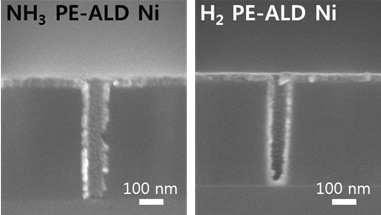 NH3와 H2 플라즈마를 사용한 PE-ALD Ni 공정의 단차피복성 (SEM)