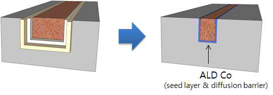 (좌)Cu seed layer 및 Diffusion barrier 모식도 (우) Bi-functional layer로서 ALD Co 박막 모식도