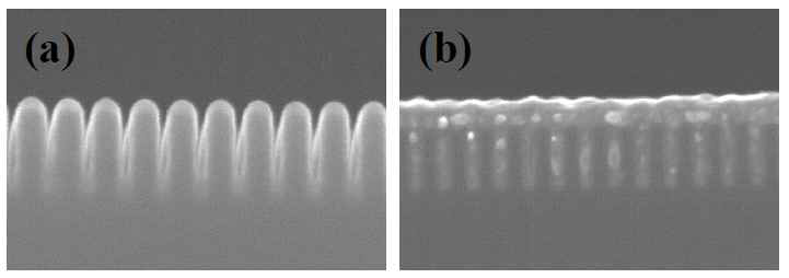 (a) Cu seed가 있는 55 nm pattern의 FE-SEM 사진, (b) gap-filling 후 패턴의 FE-SEM 사진