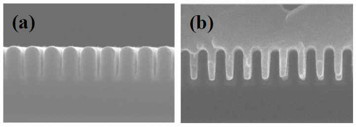 (a) RuAlOx/Ta/TaNx/SiO2 55 nm pattern wafer의 FESEM image (b) gap-fill 후 FESEM image