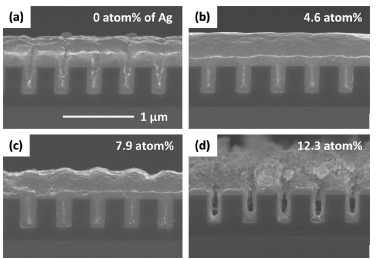 (a) 0 mM, (b) 2.5 mM, (c) 5.0 mM, (d) 10.0 mM의 KAg(CN)2에서 Cu-Ag 형상