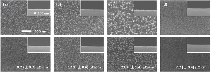 Surface and cross-sectional FE-SEM images of Cu deposited in 0.01 M CuSO4 by applying 2.5 mA/cm2 on (a) Ru, (b) RuMn (1.4%), (c) RuMn (4.4%), and (d) RuMn (4.4%, annealed at 400oC for 30 min) blanket substrate.