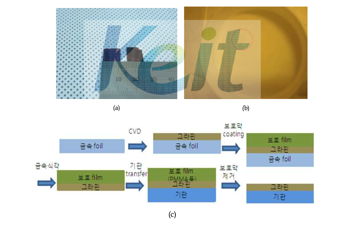 (a) Cu에서 성장된 대면적 단층 그래핀을 SiO2/Si 웨이퍼에 전사된 그래핀, (b) 전사과정 중의 그래핀, (c) 그래핀 합성 및 전사과정 모식도