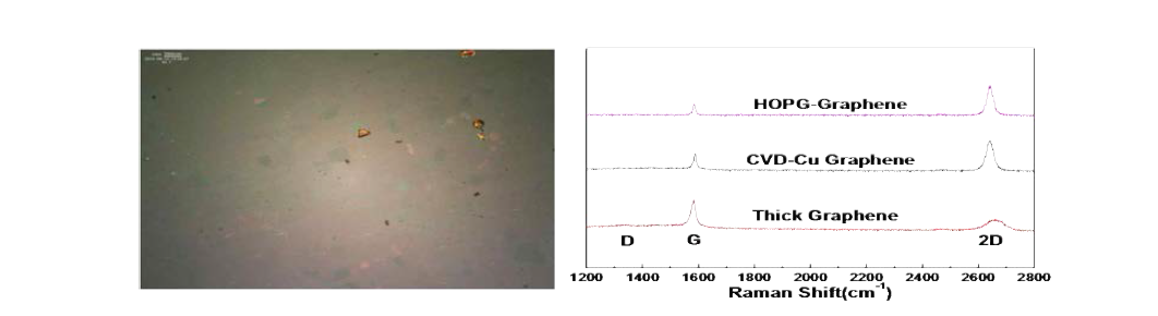 (a) Cu 촉매금속 위에서 성장되어 Si/SiO2 기판위에 전사된 단층 그래핀의 현미경 사진과 (b) graphite flake에서 박리한 단층 그래핀(HOPG-graphene)과 graphite, Cu에서 성장된 그래핀의 라만 스펙트럼