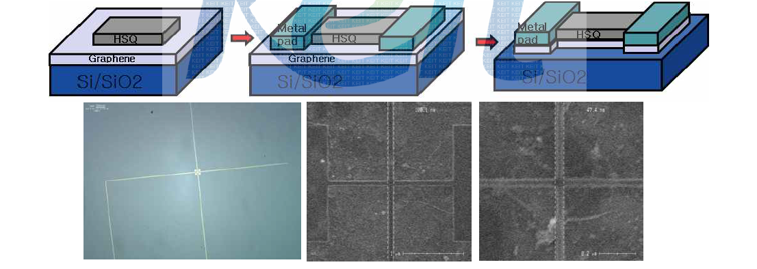 HSQ를 이용한 그래핀 패터닝 공정 모식도와 OM image, SEM image