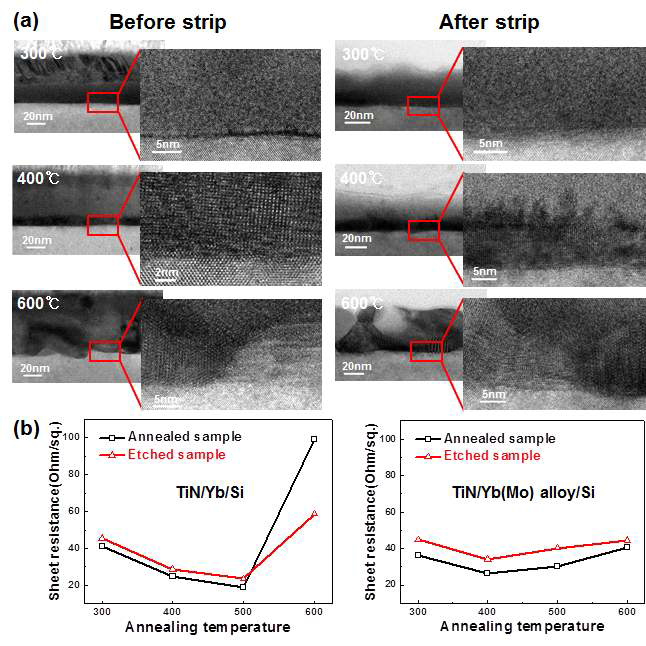 Strip 전, 후의 (a) 미세구조 분석 및 (b) 면저항 측정 결과