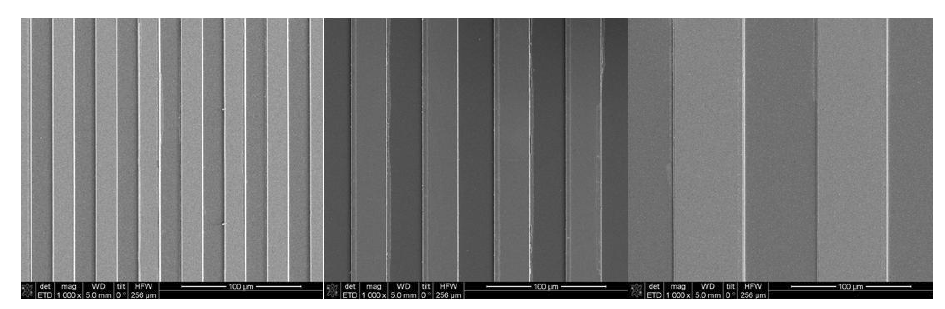 실제품 모사 고밀도 PCB 회로용 8인치 마스크의 SEM 이미지(설계 선폭 18, 30, 60μm)