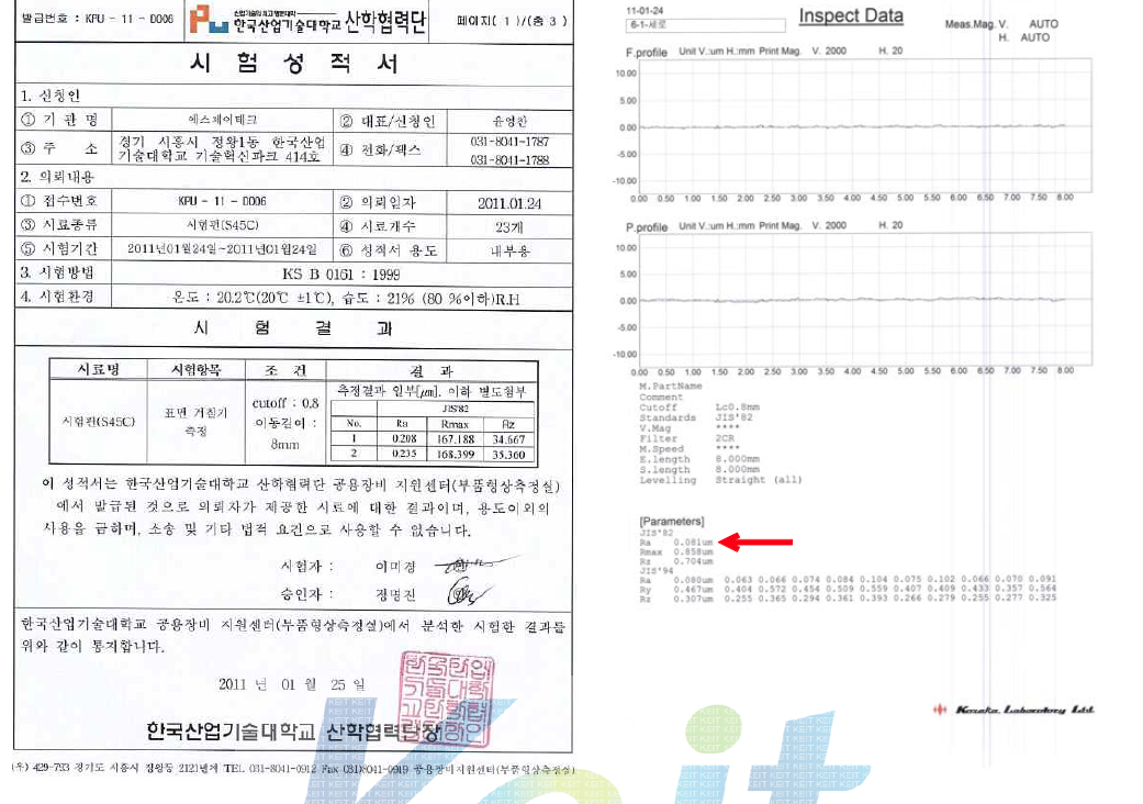 디스크의 표면조도측정 시험성적서