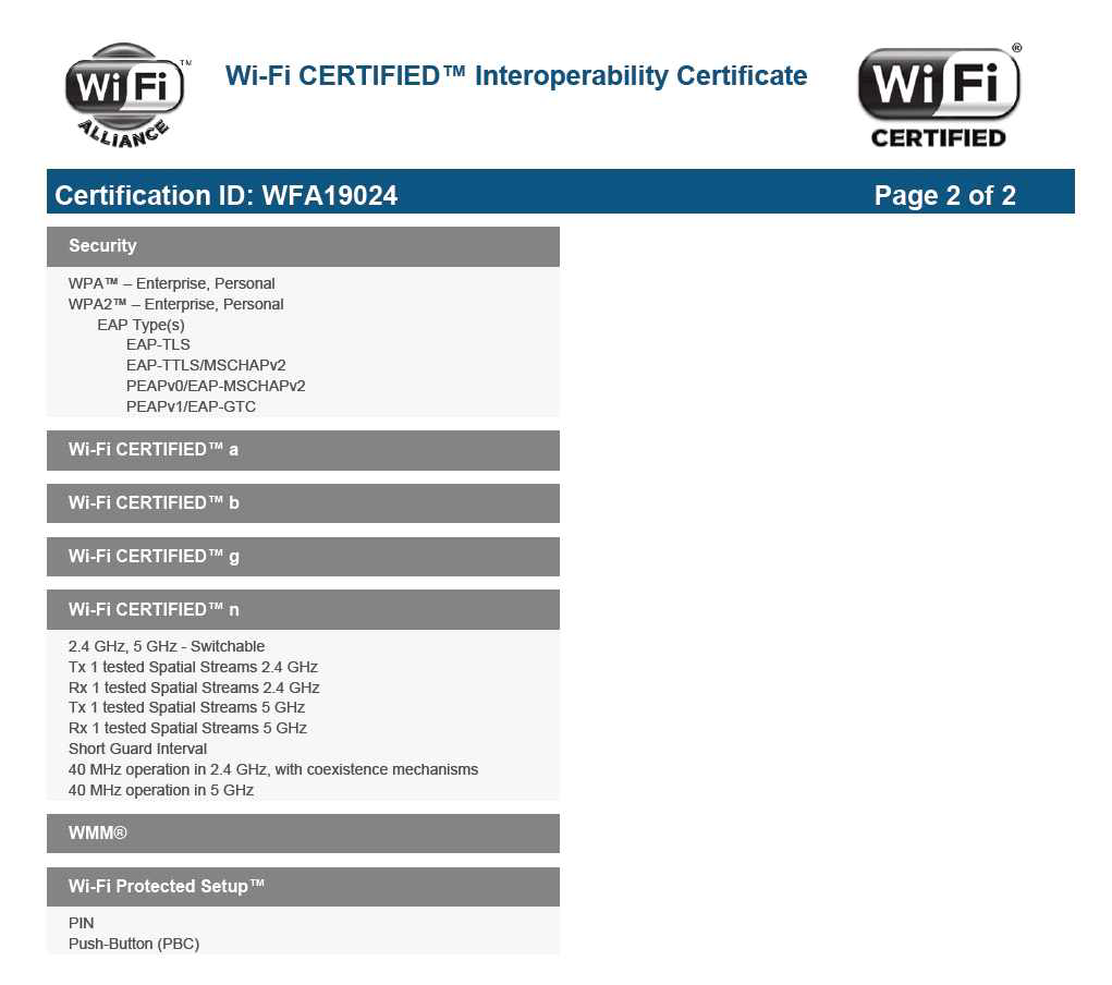 TCC3700 WFA 802.11n 인증서 하