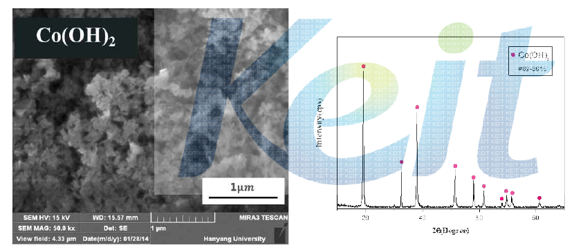 황산코발트와 수산화나트륨 수용액의 반응생성물 수산화 코발트의 FE-SEM 이미지와 XRD 패턴