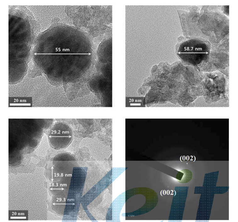 반응시간 5분 후 회수한 코발트 분말의 TEM 분석 결과