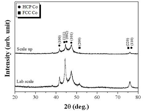 나노 코발트 반응시스템을 이용하여 하여 합성한 코발트 분말과 lab scale을 통해 합성한 코발트 분말의 결정구조 비교