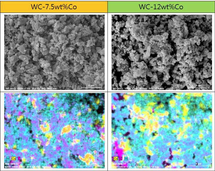 WC-Co 합금분말의 미세조직 및 성분분석
