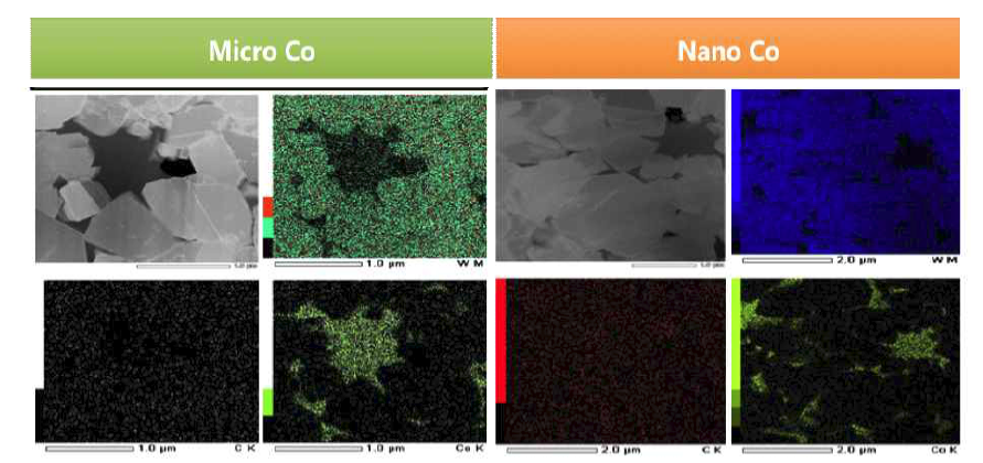 코발트 입자크기에 따른 소결체의 TEM 사진