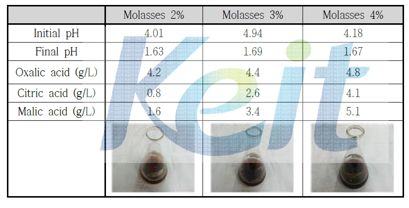 Conditions of the organic acid production (A.niger KCTC 6144 / 24℃ / 180rpm / 30day)