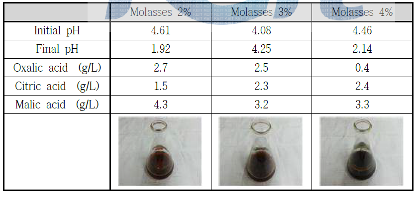 Conditions of the organic acid production (A. niger KCTC 6985 / 24℃ / 180rpm / 30day)