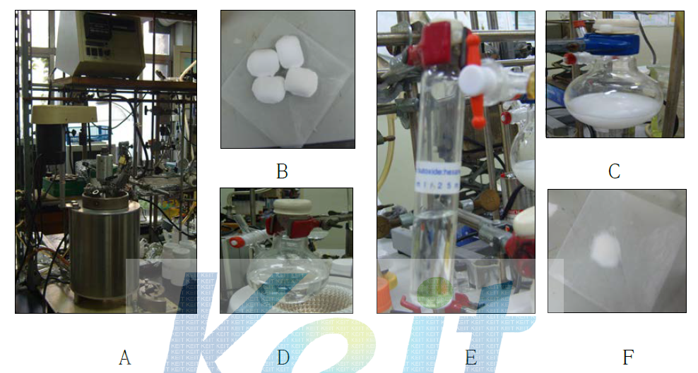 A: 탄성체 중합에 사용하는 parr사 고압반응기 B: DMT(dimethyl terephthalate) C: PTMG(polytetramethylene ether glycol) D: BD(1, 4-Butandiol) E: catalyst(Titanium butoxide를 hexane에 녹여 사용) F: 산화방지제(irganox:1330)