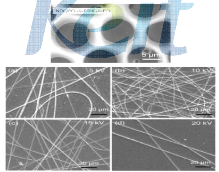 NDC/PCL-b-PTHF-b-PCL(MW 2000) Copoly(ether ester) 탄성체의 Honeycomb 패턴과 nanofiber 형상.