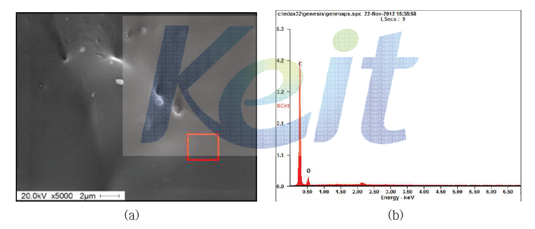 초음파 박리 공정으로 얻어진 그라펜의 (a)주사전자현미경 사진과 (b) EDAX 데이터
