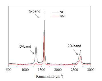 천연 흑연(NG)과 그라펜 나노플레이트(GNP)의 라만 스펙트럼.