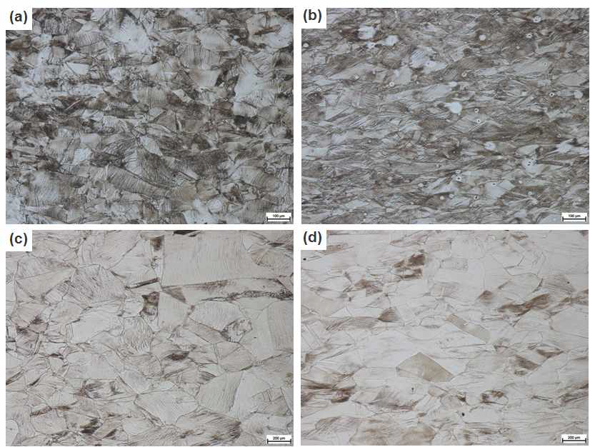 RR2 소재 냉간압연재(40%CW) 의 (a) L-T 면, (b) L-S 면, 과 냉간확관재(20%CW) 의 (c) T-A 면, (d) T-R 면