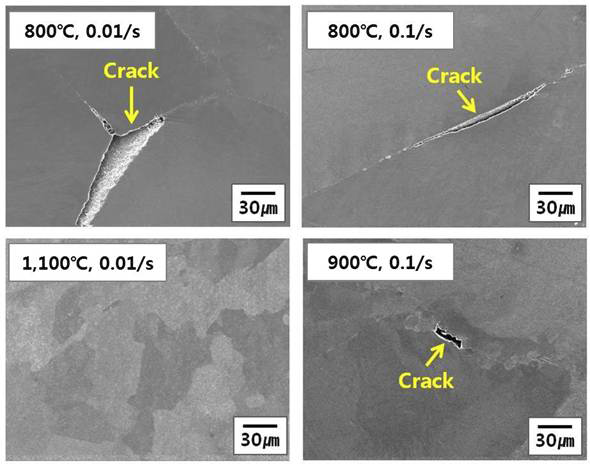 SEM micrographs showing cracks along the grain boundary after a compression test at