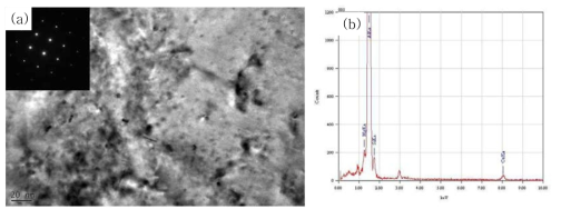 (a) 투과전자현미경 사진: 개발합금에 대한 T6 열처리 후 알루미늄 기지 [100] 정대축 방향에서 관찰되는 시효석출상 및 (b) EDS 분석결과