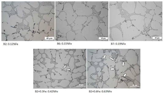 Fe를 첨가한 합금의 미세조직 (as cast)