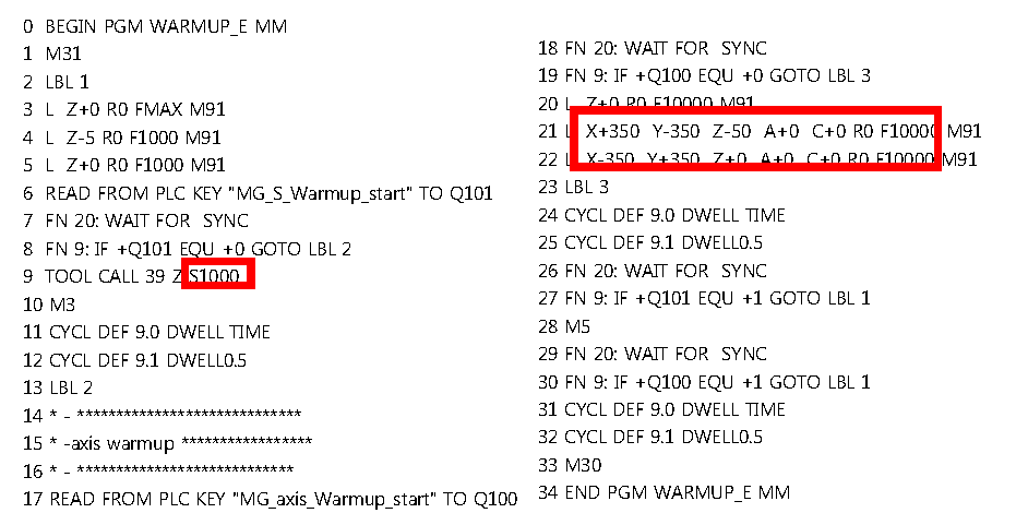 예열 시 주축 및 이송축 작동 NC 데이터