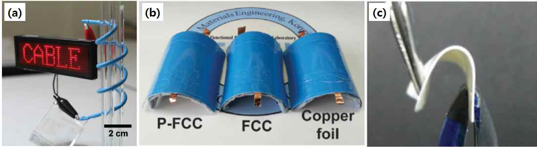 (a) cable type 이차전지 (LG화학), (b) 신규 집전체와 음극소재를 적용한 flexible 이차전지 (공주대), (c) polymer 전해질을 적용한 flexible 이차전지