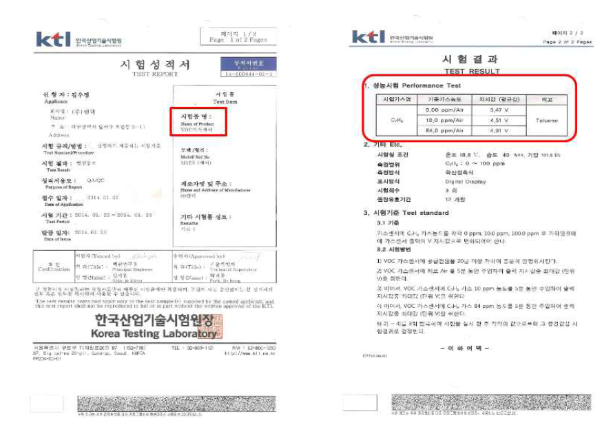 VOCs 센서 시험성적서