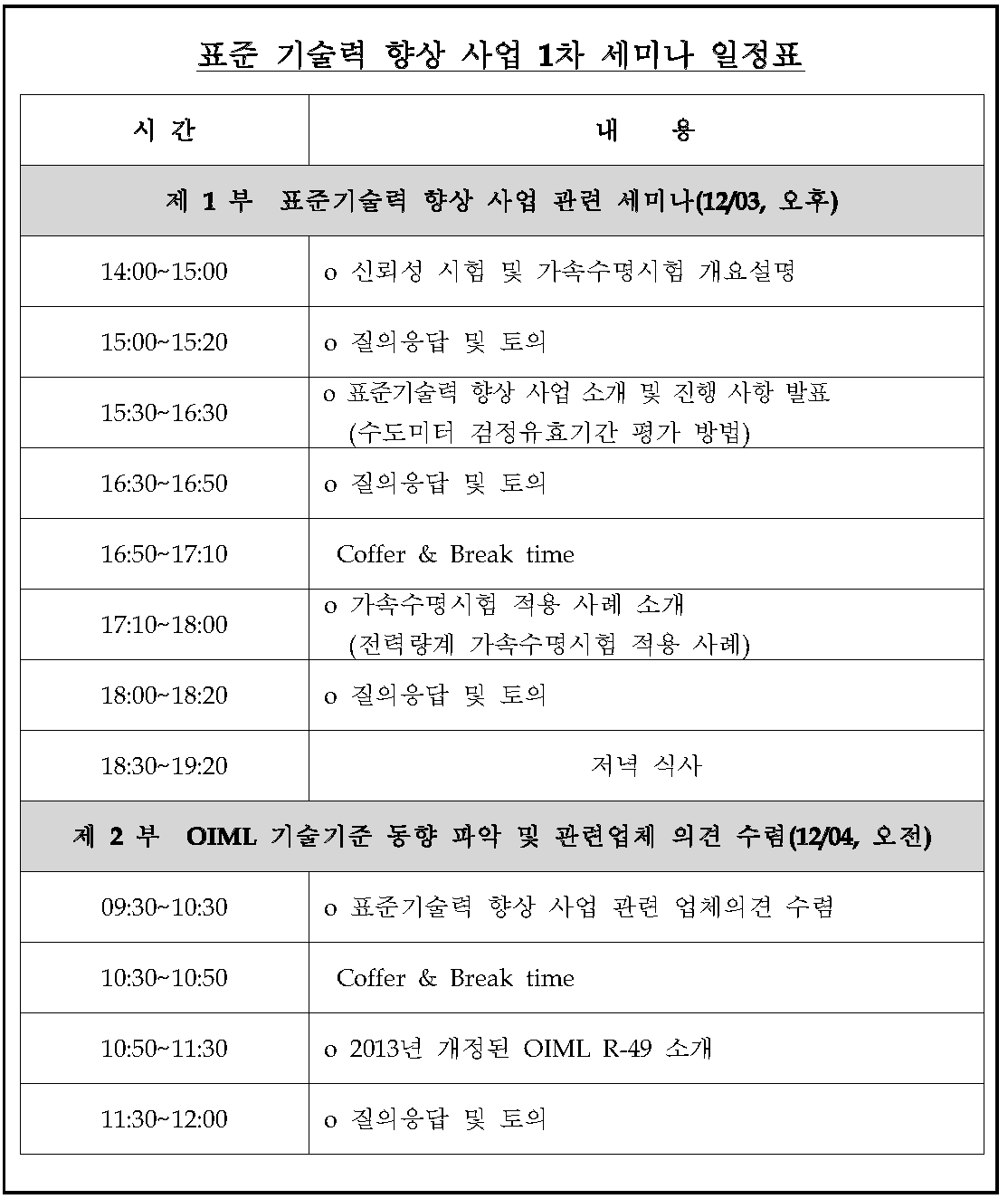 표준기술력 향상 사업 1차 세미나 일정표