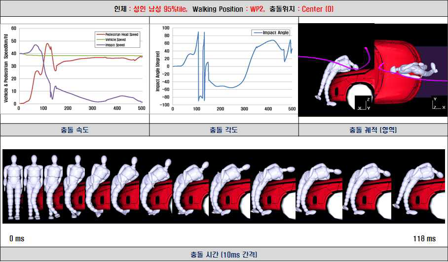 차량 위치별 보행자 충돌 해석 결과(성인 남성 95%tile, 0mm)