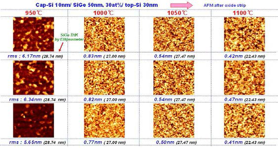 산화 공정 온도별 표면 거칠기 변화
