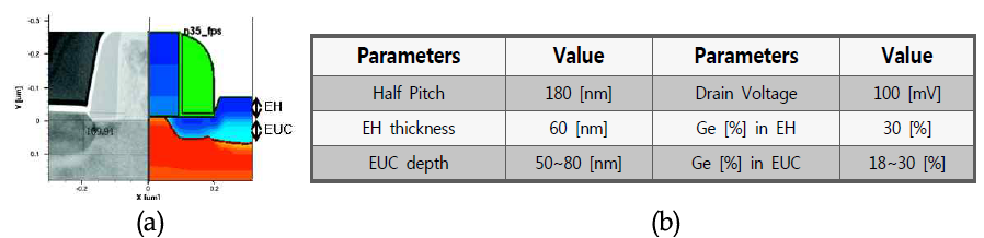 180 nm Test-bed Lot #1의 (a) 시뮬레이션 모델 (b) 물리적 파라미터
