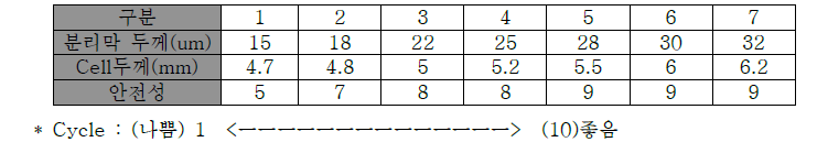 분리막 두께별 전지 성능