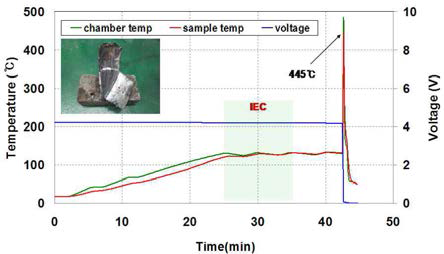 Sample #3의 열노출시험 시 전압, 온도 곡선 및 시험 후 사진