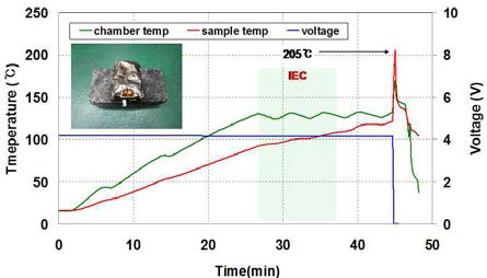 Sample #2의 열노출시험 시 전압, 온도 곡선 및 시험 후 사진