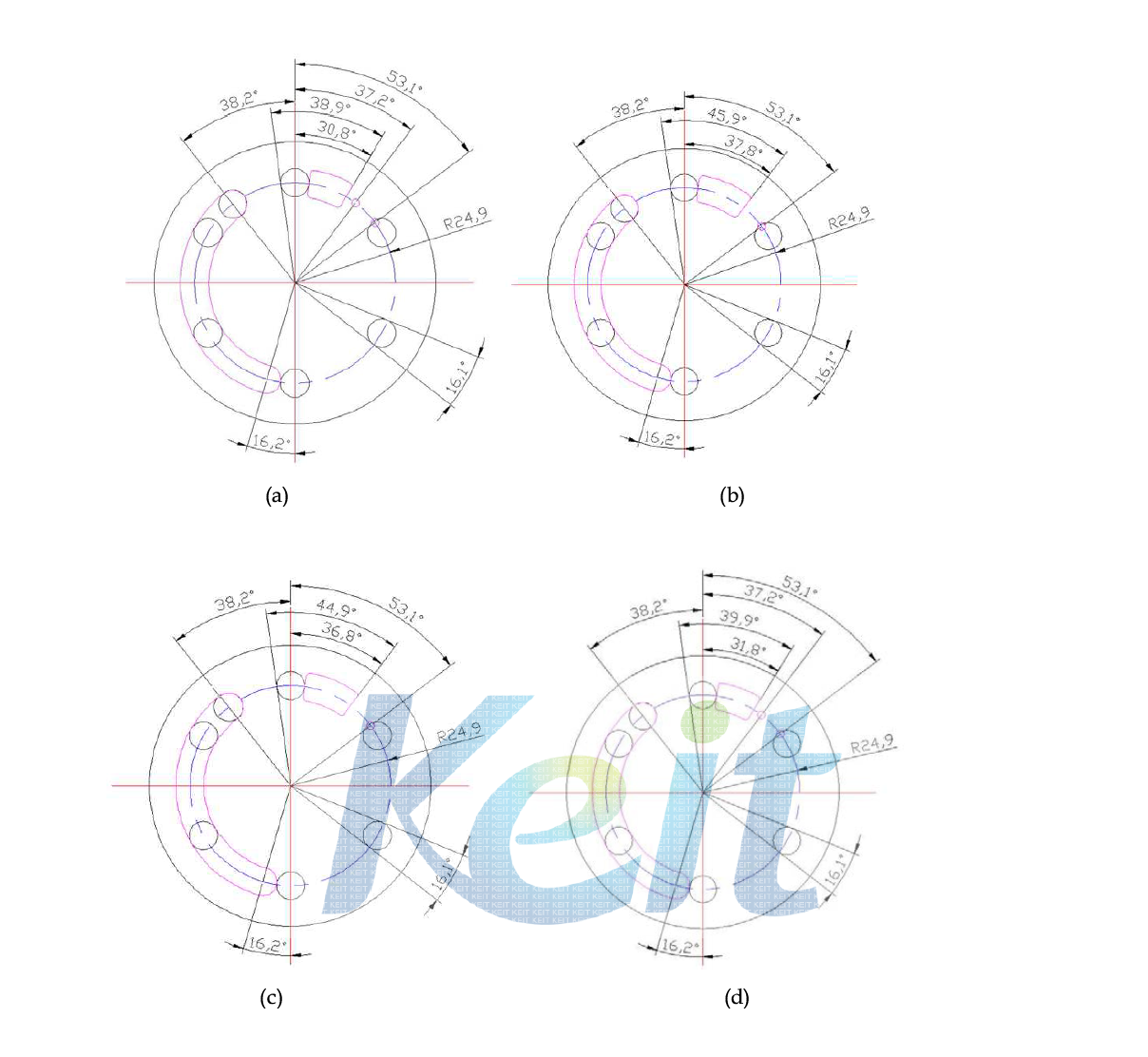 Valve inlet port configurations: (a) Nc6Dc30-OWPR10 (35bar/3.5bar), (b) Nc6Dc30-OWPR10 (15bar/1.5bar) (c) Nc6Dc30-OWPR10 (18bar/1.8bar), (d) Nc6Dc30-OWPR12 (18bar/1.5bar)