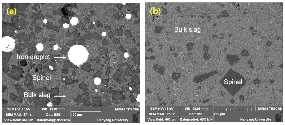 도가니 바닥부분의 slag(a) 및 bulk slag(b) SEM image