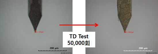 Touch Down Test 후 프로브 Tip 첨단부 광학 현미경 사진